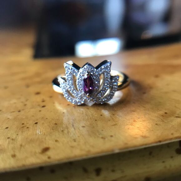 Natural Rhodolite Garnet Sterling Silver 18k Yellow Gold Vermeil Lotus Ring - Picture 1 of 9